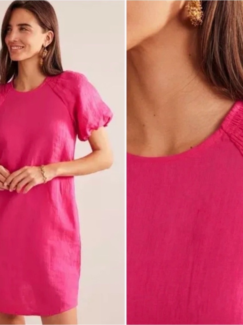 Boden Linen Mini Shift Dress Smocked Puffy Sleeves Resort Vacation Pink 8L